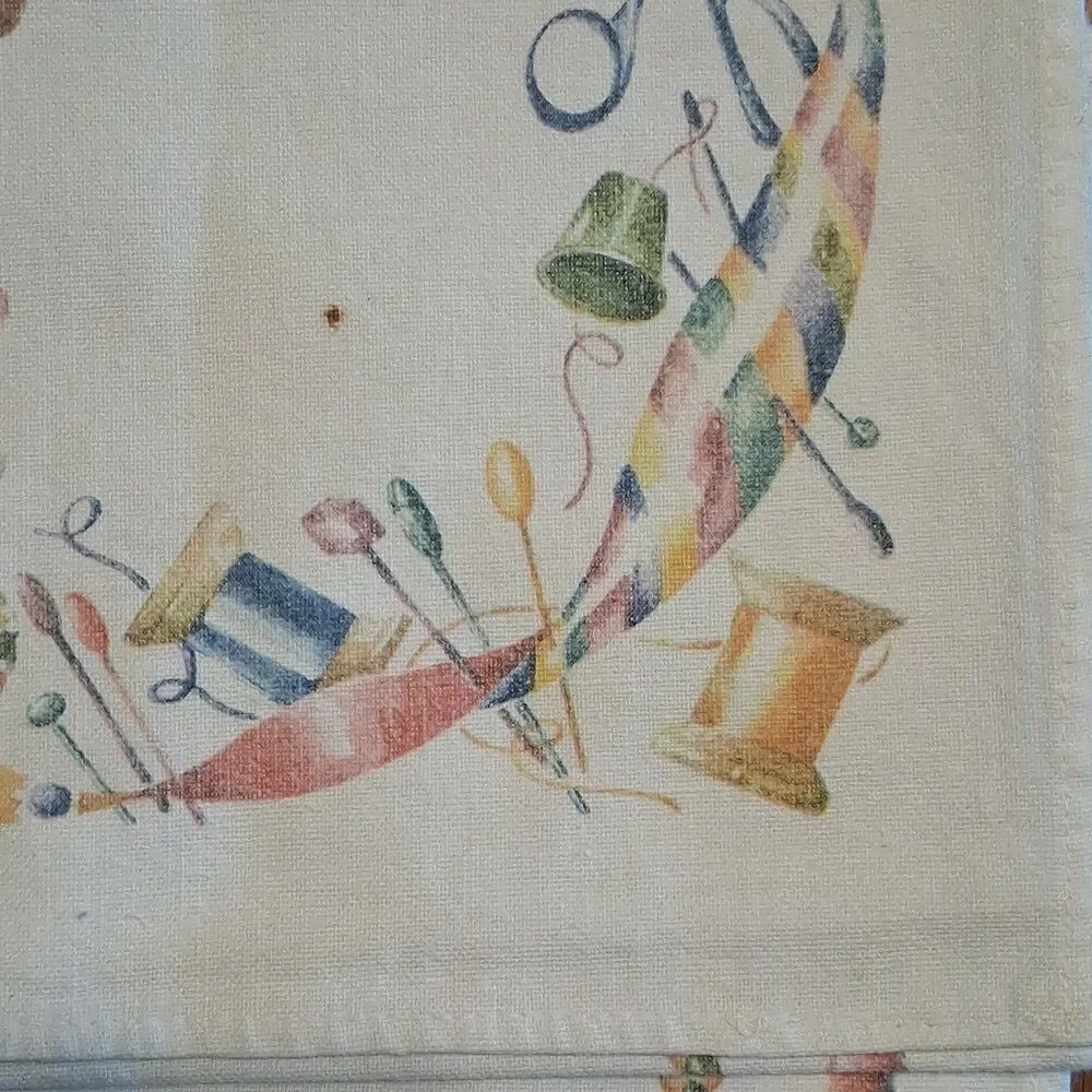Vintage linen Tea Towels: 1 With Cute sewing Scene, 1 With Early American Pewter